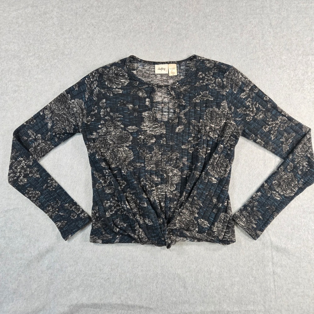 Daytrip Womens XS Floral Ribbed Knit Long Sleeve Twist Front Keyhole Top Blue
